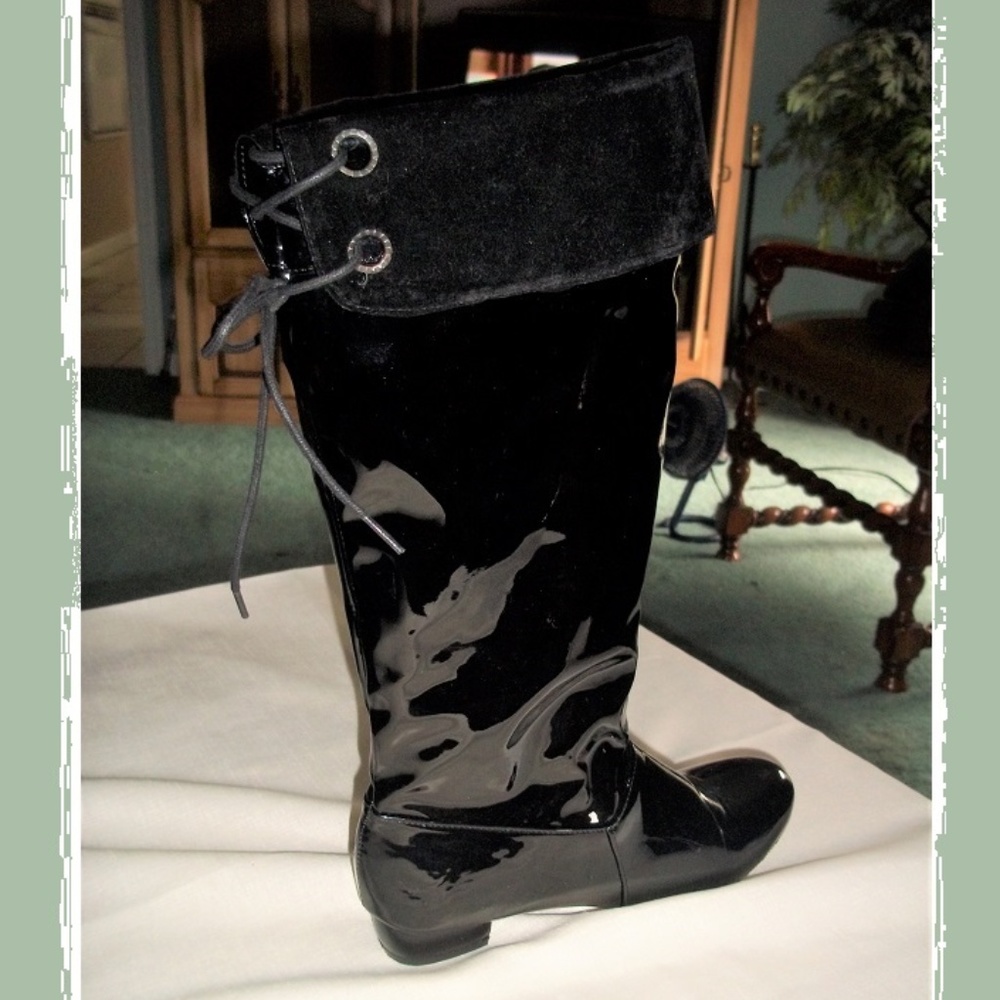 BlackPatent FauxSuede FoldDown Pull-On Knee Boots